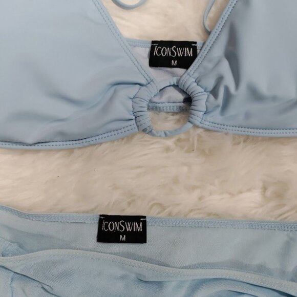 Icon Swim Light Blue Bikini Set With Ruched Cover Up Skirt & Halter Top Size M - Picture 6 of 12